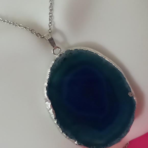 Large Teal blue agate stone necklace 24 inch box chain.silver tone. - Picture 3 of 10